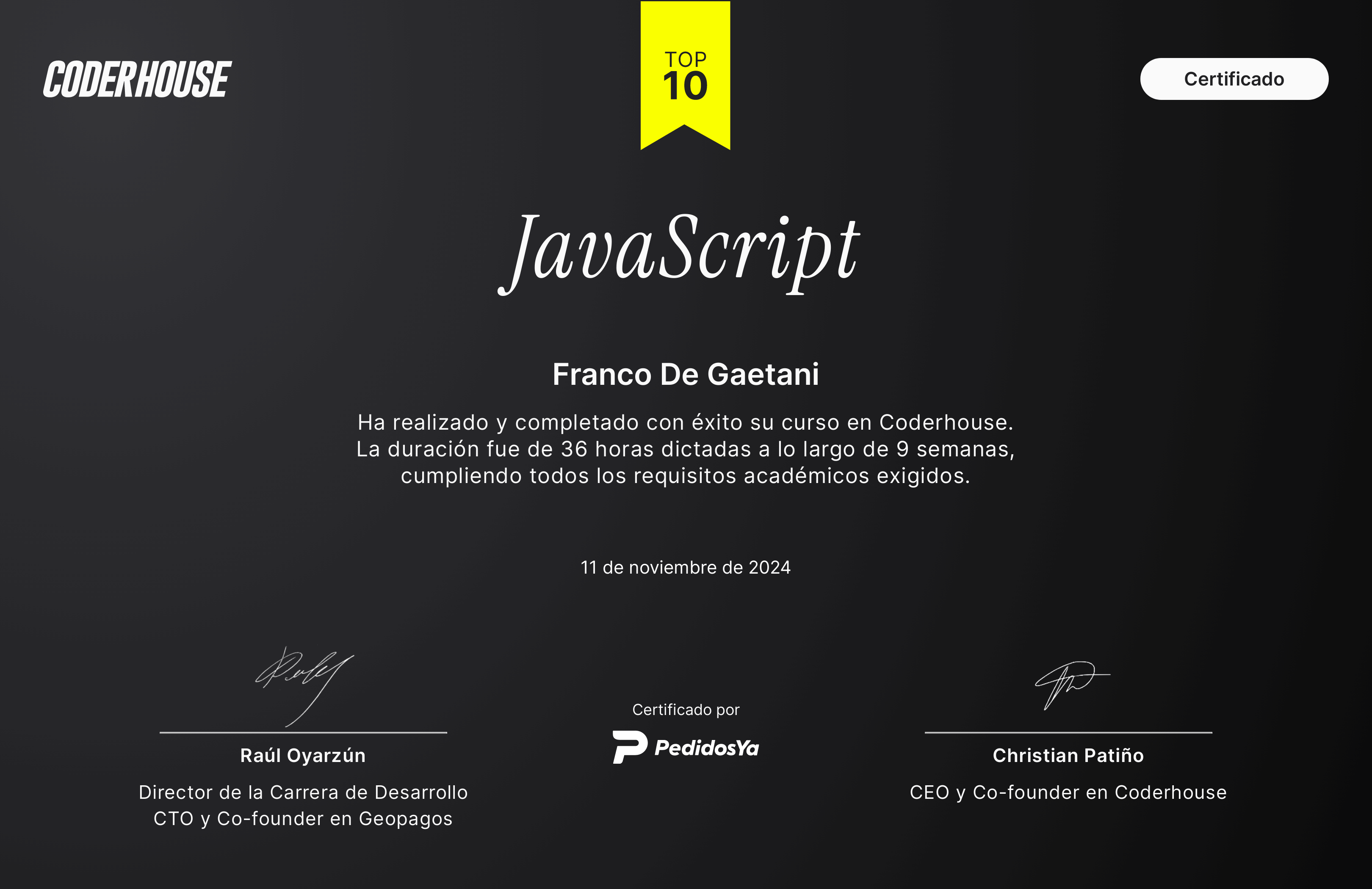 Certificado de Javascript cursado en Codehouse de Franco De Gaetani